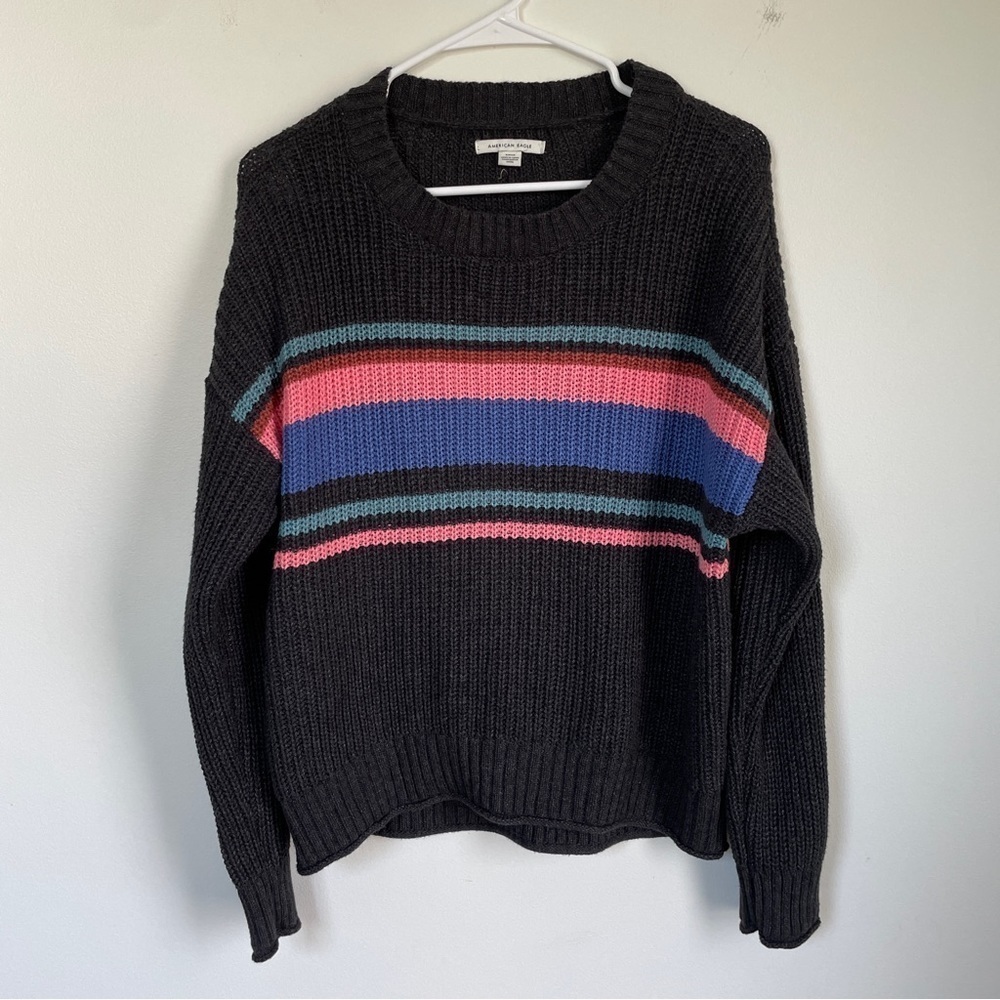 American Eagle crew neck grey sweater with stripes on top